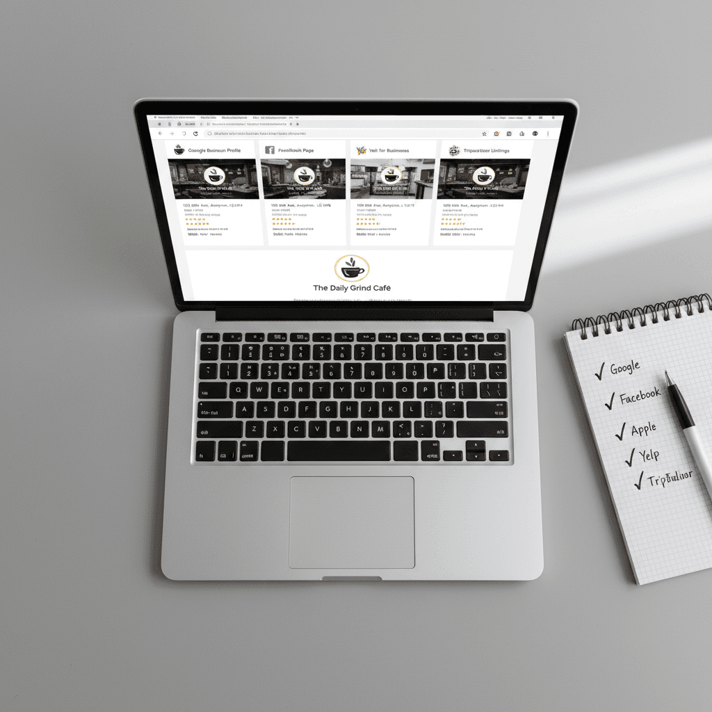 Laptop showing business listed across multiple online directories