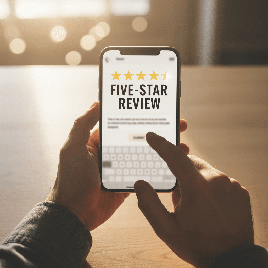 Hands typing five-star customer review on smartphone screen with star rating visible