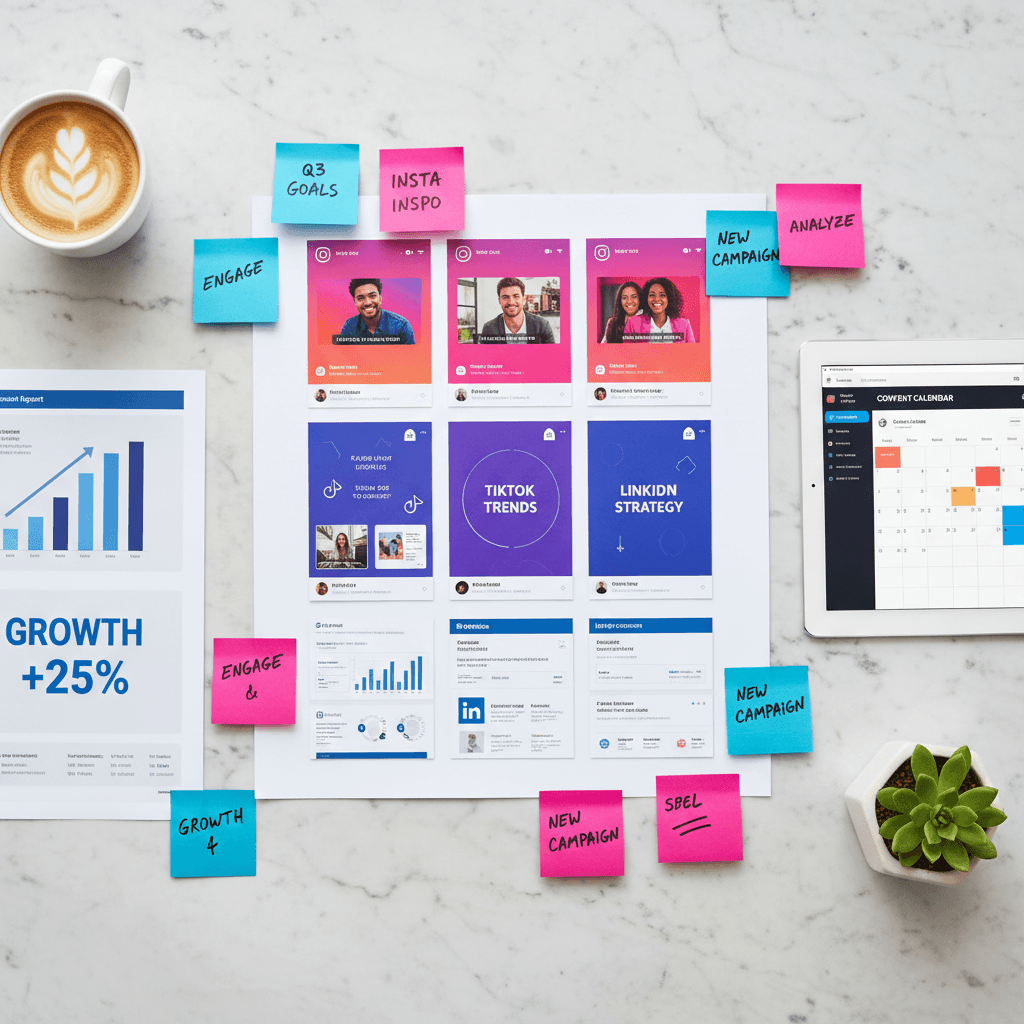 Social media content calendar with Instagram, TikTok, and LinkedIn mockups arranged with analytics and strategy notes